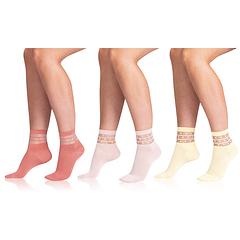 TRENDY COTTON SOCKS 3x - Dámske ponožky s ozdobným lemom 3 páry - svetlo ružová - žltá - smotanová